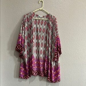 Umgee SZ S/M pink purple duster jacket cover up open front artsy colorful